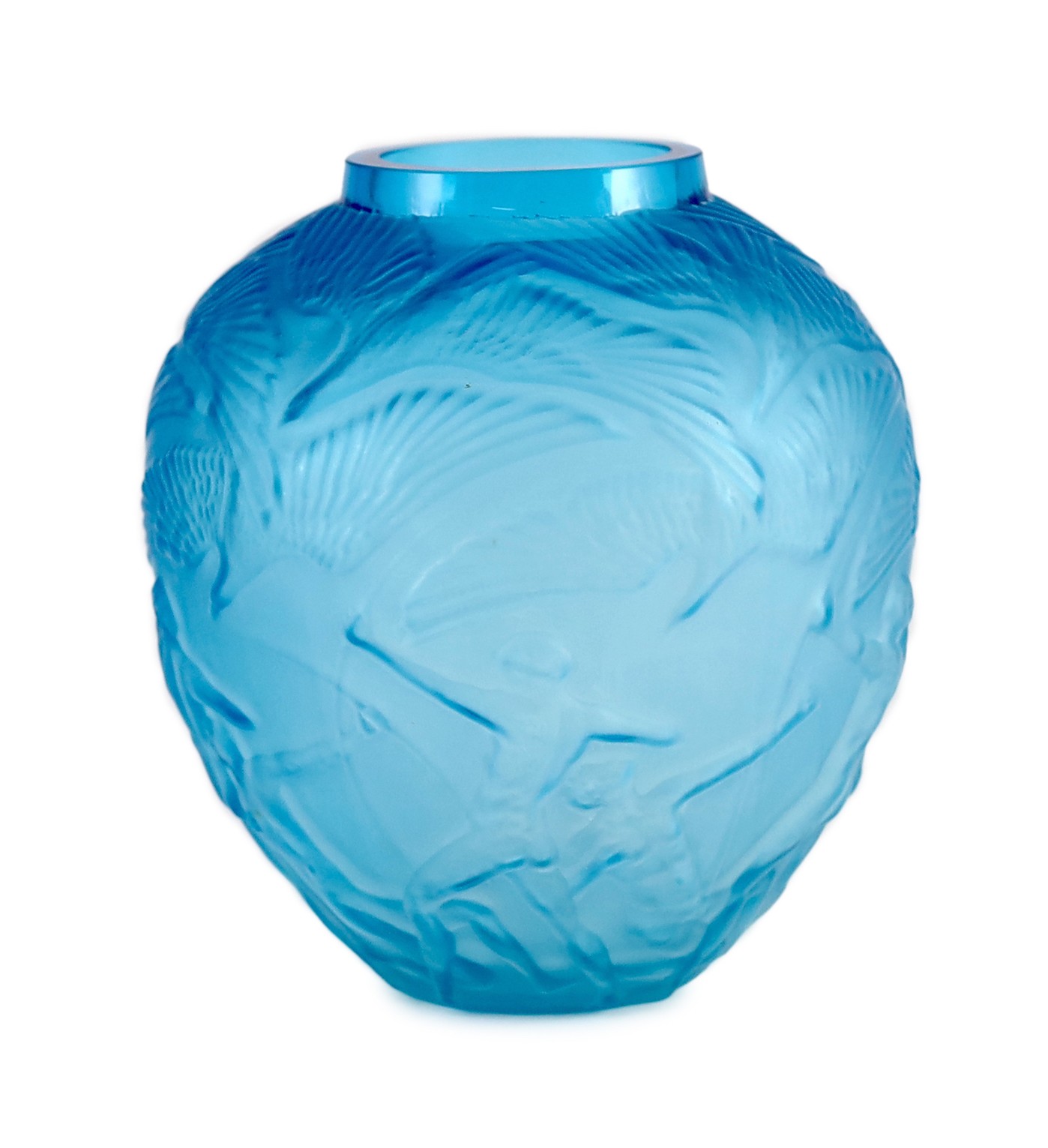 A Lalique style Archers pattern blue glass vase, 26cms high